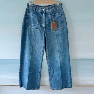 Jesse Kamm Jeans Womens 26 Cotton Wide Leg High Rise Button Fly Cropped blue